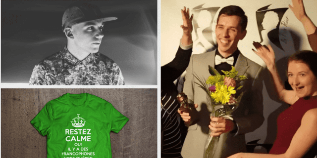 Montage d'un chandail Restez calme oui il y a des francophones hors québec, d'un homme avec des fleurs en habit de soirée et un homme avec une casquette