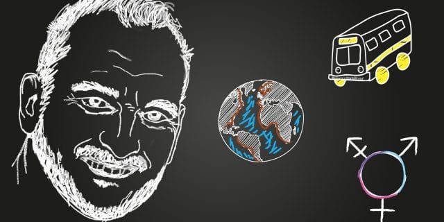 Dessin de Ronald Boudreau avec planète et autobus scolaire