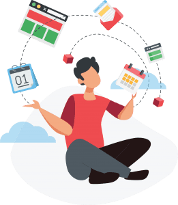 Personnage jonglant avec des calendriers, des site web et des cubes