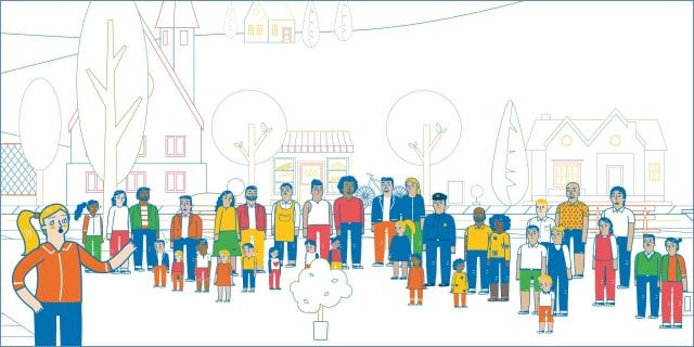 Illustration des gens du voisinage à l'extérieur se réunissant devant un arbre en pot