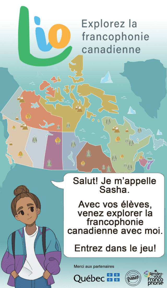 Personnage de Sacha qui invite les jeunes à découvrir la francophonie canadienne.